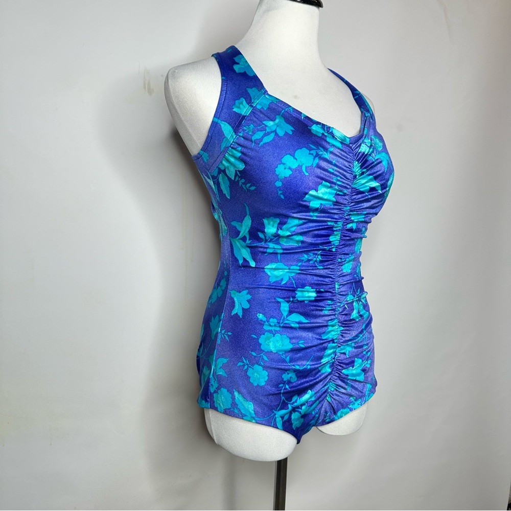 Vintage 90s Maxine of Hollywood Blue Tropical Print One Piece Swimsuit, SMALL